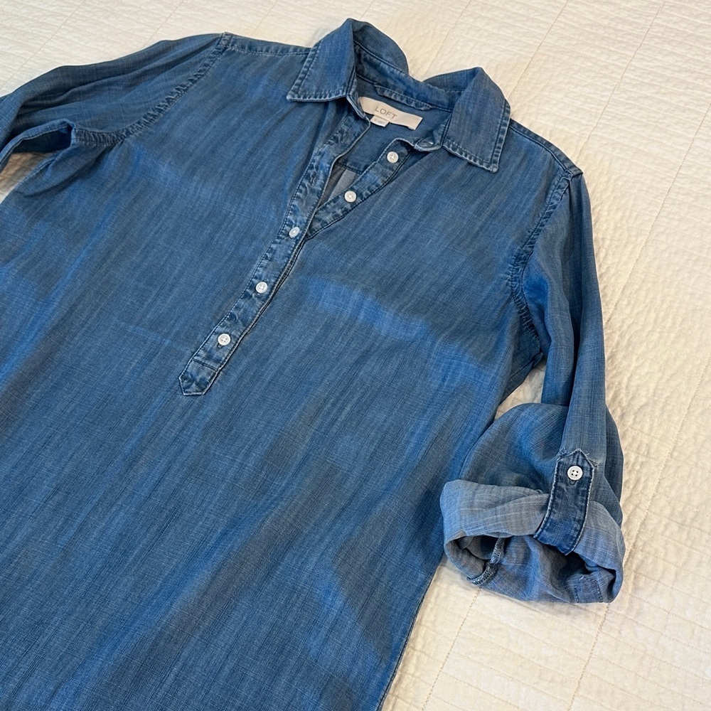 Loft Small Soft Chambray Shirt Dress Sleeve Tab Knee length Tunic Shirt Dress - Picture 5 of 7
